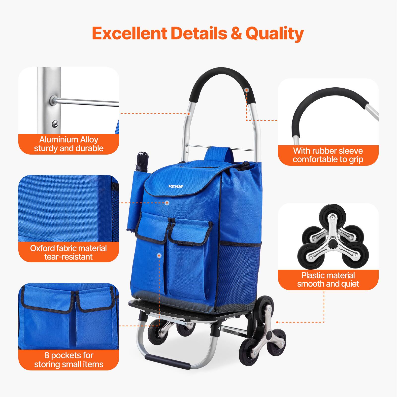 Excellent Details & Quality

- Aluminium Alloy sturdy and durable
- With rubber sleeve comfortable to grip
- Oxford fabric material tear-resistant
- Plastic material smooth and quiet
- 8 pockets for storing small items