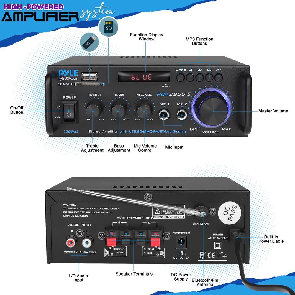 **HIGH-POWERED AMPLIFIER SYSTEM**

- **SD MMC**
- **USB**
- **On/Off Button**
- **POWER**
- **TREBLE**
- **BASS**
- **MIC/VOL**
- **MIC 1**
- **MIC 2**
- **Master Volume**
- **VOLUME**
- **MIN**
- **MAX**
- **Stereo Amplifier with USB/SD/MMC/FM/BT/LED Display**
- **Adjustment**
- **Adjustment**
- **Control**
- **Mic Input**
- **Function Display Window**
- **MP3 Function Buttons**
- **MODE**
- **POD29BU.5**
- **LED Display**
- **WARNING TO REDUCE THE RISK OF ELECTRIC SHOCK DO NOT EXPOSE EQUIPMENT TO RAIN OR MOISTURE**
- **MAIN SPEAKER 4-160**
- **L/R Audio Input**
- **Speaker Terminals**
- **DC Power Supply**
- **Bluetooth/FM Antenna**
- **Built-in Power Cable**
- **POWER BATTERY**
- **POWER AC 115V/60Hz**
- **DC 12V 5A**
- **BT