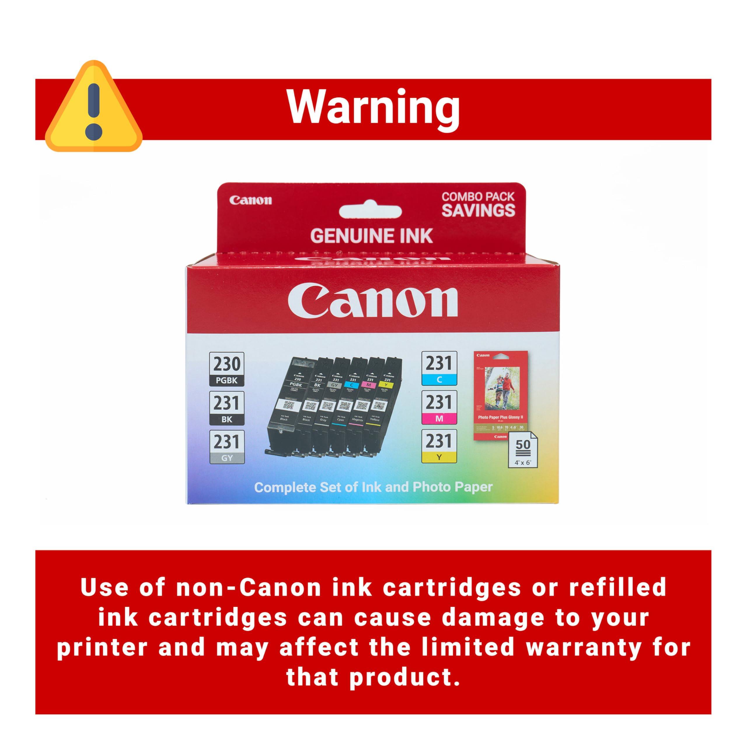 ! Warning Canon COMBO PACK SAVINGS GENUINE INK Pe.es Canon 230 PGBK 231 BK 231 GY i de - 231 C 231 M 231 Y : -ut - - - . - - - - - 50 .. S Complete Set of Ink and Photo Paper Use of non-Canon ink cartridges or refilled ink cartridges can cause damage to your printer and may affect the limited warranty for that product.