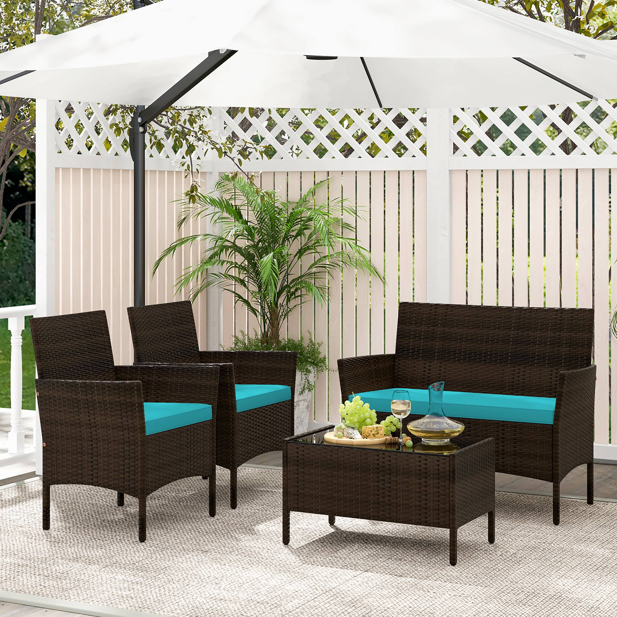 Alt View 3. Gymax - Gymax 4 Piece Patio Rattan Conversation Set Wicker Furniture Set w/ Chair Loveseat Outdoor - Mix Brown, Turquoise.