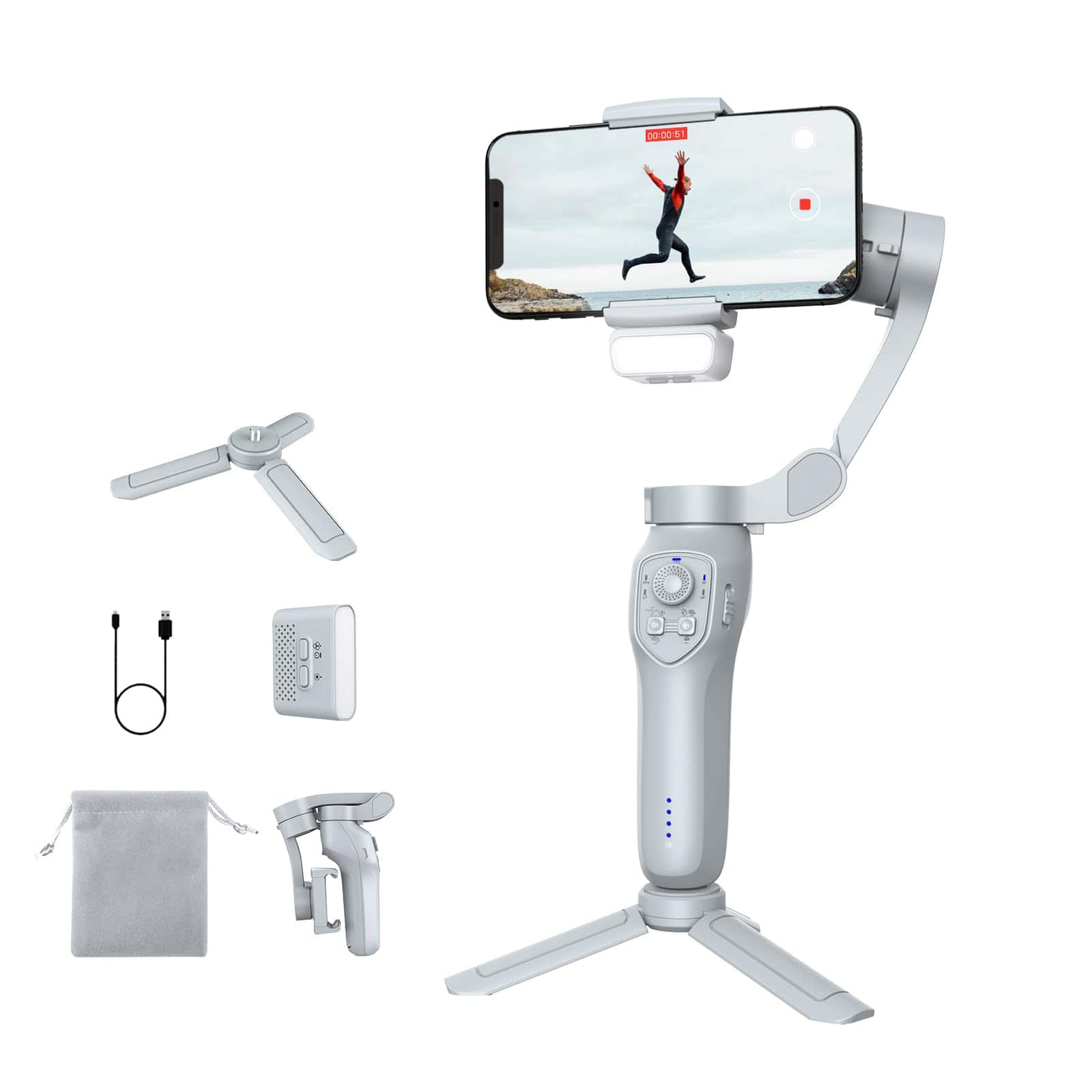 PRIMEPLUS - 3-Axis Phone Gimbal Stabilizer - Adjustable Fill Light, for Android/iPhone - TikTok YouTube Vlog Video Recording Kit - White