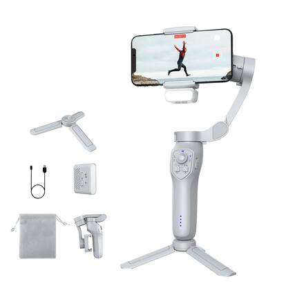 Front. PRIMEPLUS - 3-Axis Phone Gimbal Stabilizer - Adjustable Fill Light, for Android/iPhone - TikTok YouTube Vlog Video Recording Kit - White.