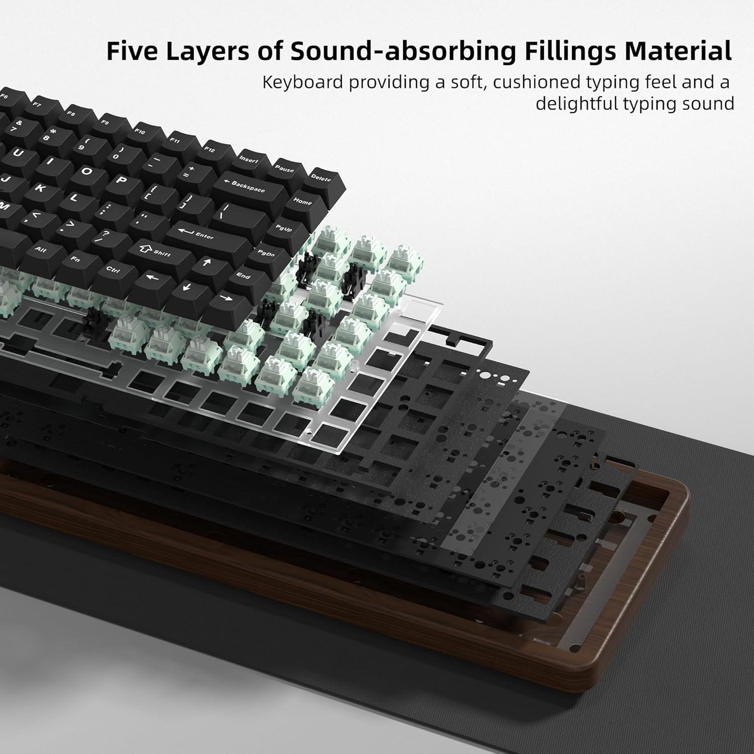 Five Layers of Sound-absorbing Fillings Material  
Keyboard providing a soft, cushioned typing feel and a delightful typing sound