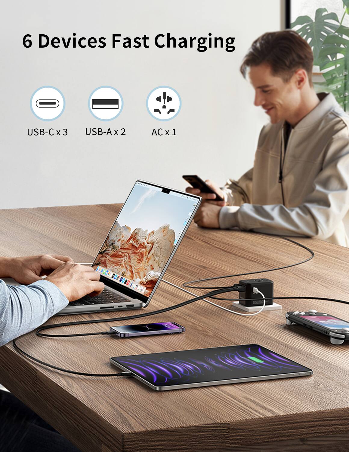 6 Devices Fast Charging USB-C x 3 USB-A x 2 AC x 1