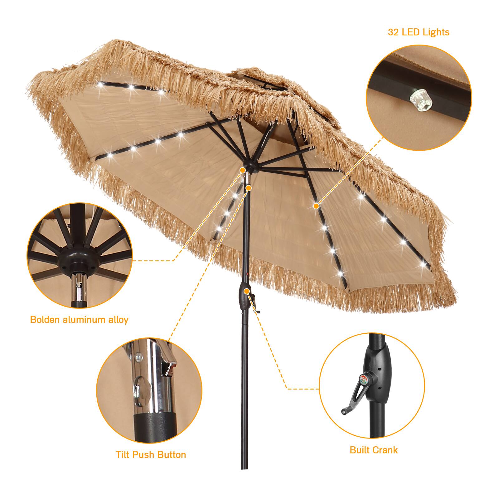 32 LED Lights, Bolden aluminum alloy, Tilt Push Button, Built Crank