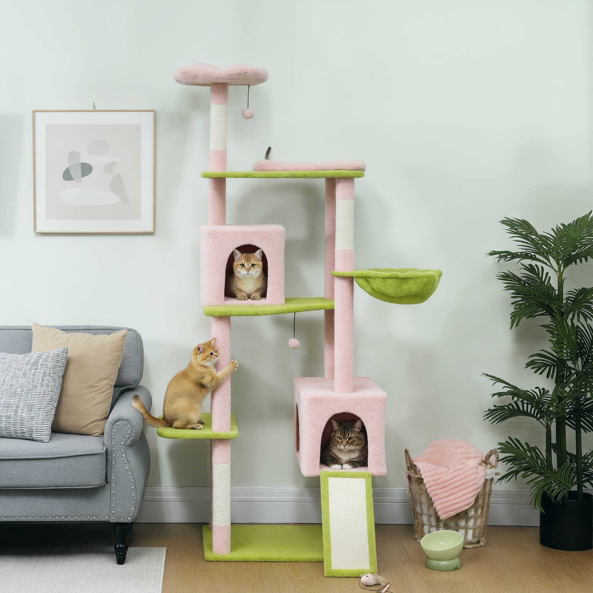 Alt View 1. Pawhut - Flower Cat Tree, 74" Large Cat Tower with Metal Frame Hammock, Scratcher Ramp, 3 Scratching Posts, 2 Condos, Perches - Pink.