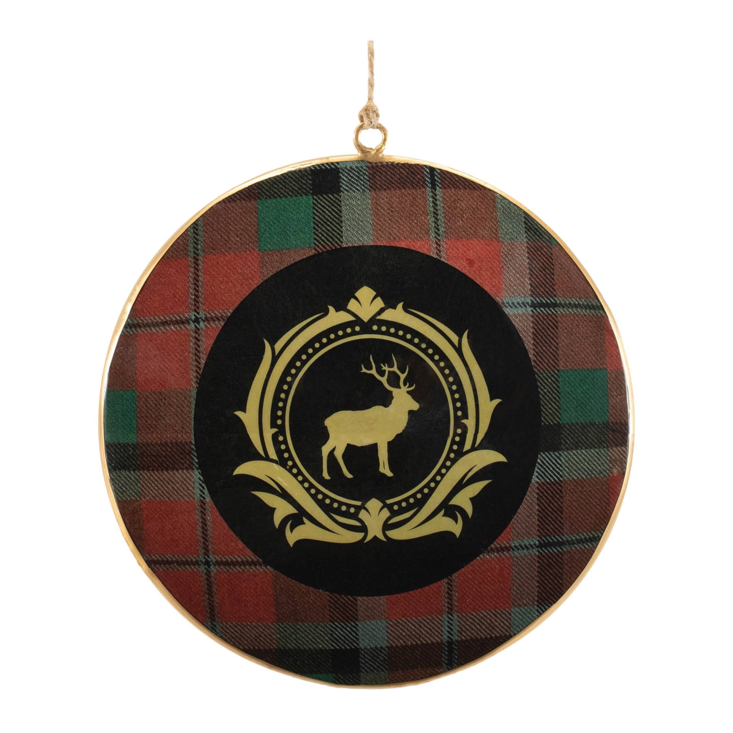 Left. BreeBe - Metal Deer and Pine Tree Disc Ornament (Set of 6) - Red, Black.