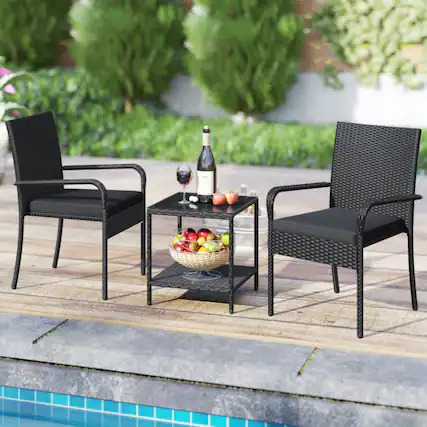 Front. Mondawe - 23 x 22.5 x 35 IN Freestanding Patio Bistro Set with Table and Cushions 3-Piece - Black+Black.