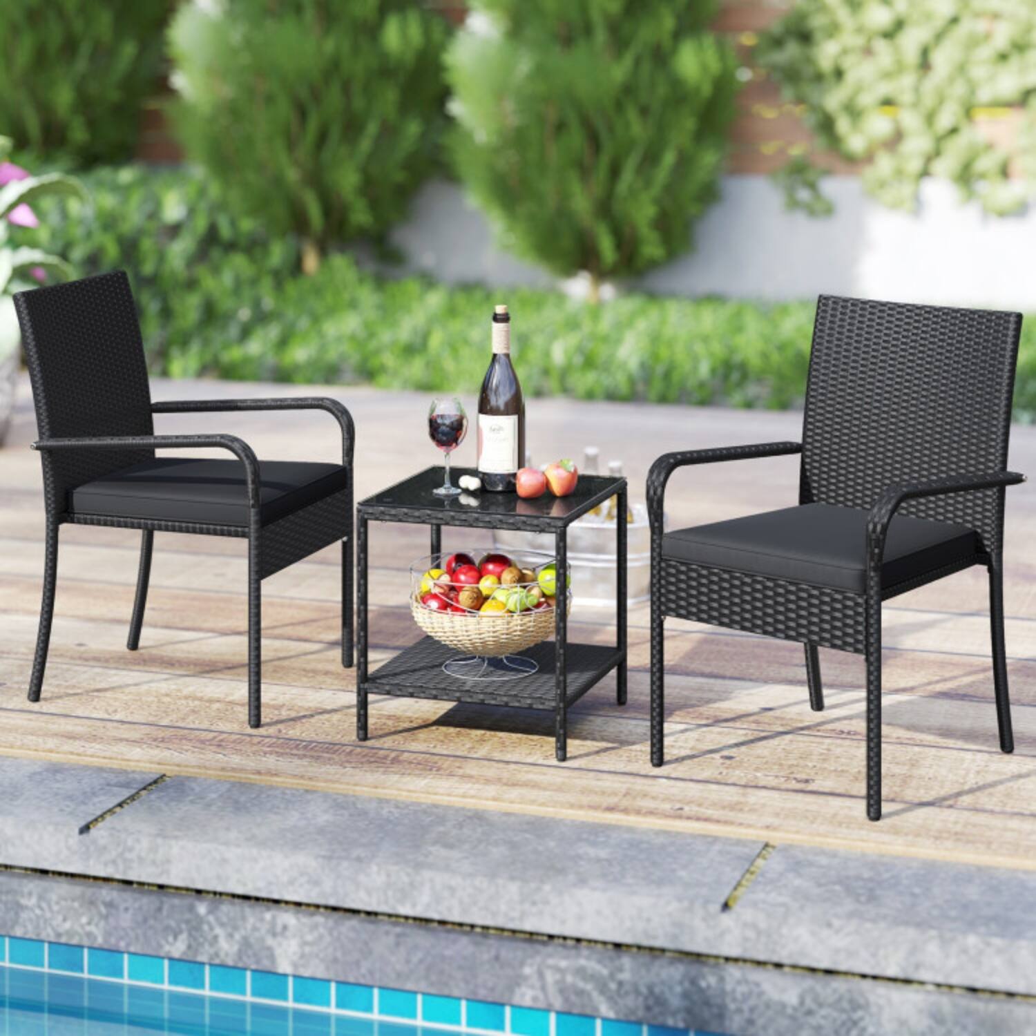 Front. Mondawe - 23 x 22.5 x 35 IN Freestanding Patio Bistro Set with Table and Cushions 3-Piece - Black+Black.