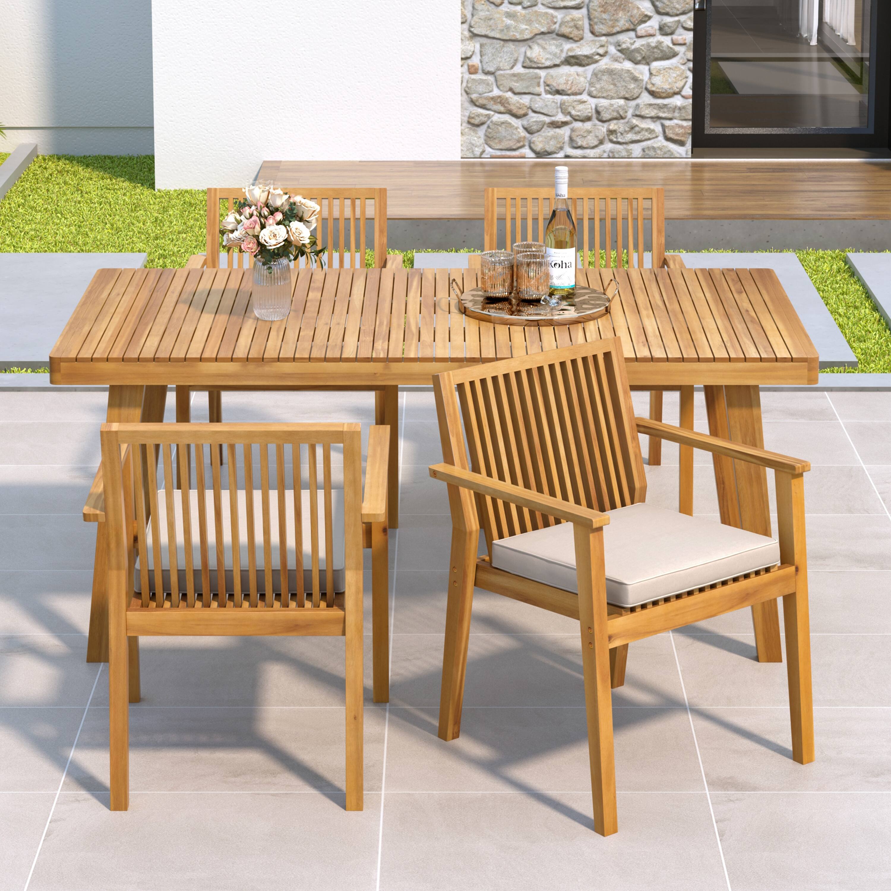 Angle. Mondawe - 5 - Piece Patio Furniture Set Acacia Wood Table and 4 Heavy-Duty Cushioned Chairs - Beige+Natural.