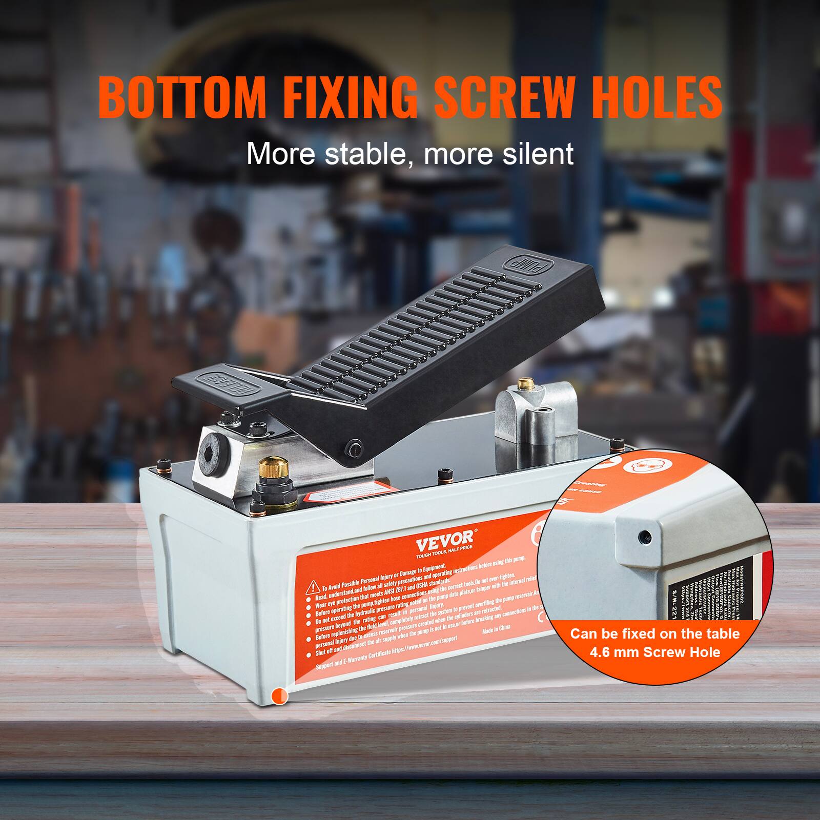 BOTTOM FIXING SCREW HOLES  
More stable, more silent  

VEVOR  
P - ML - T  

Can be fixed on the table  
4.6 mm Screw Hole