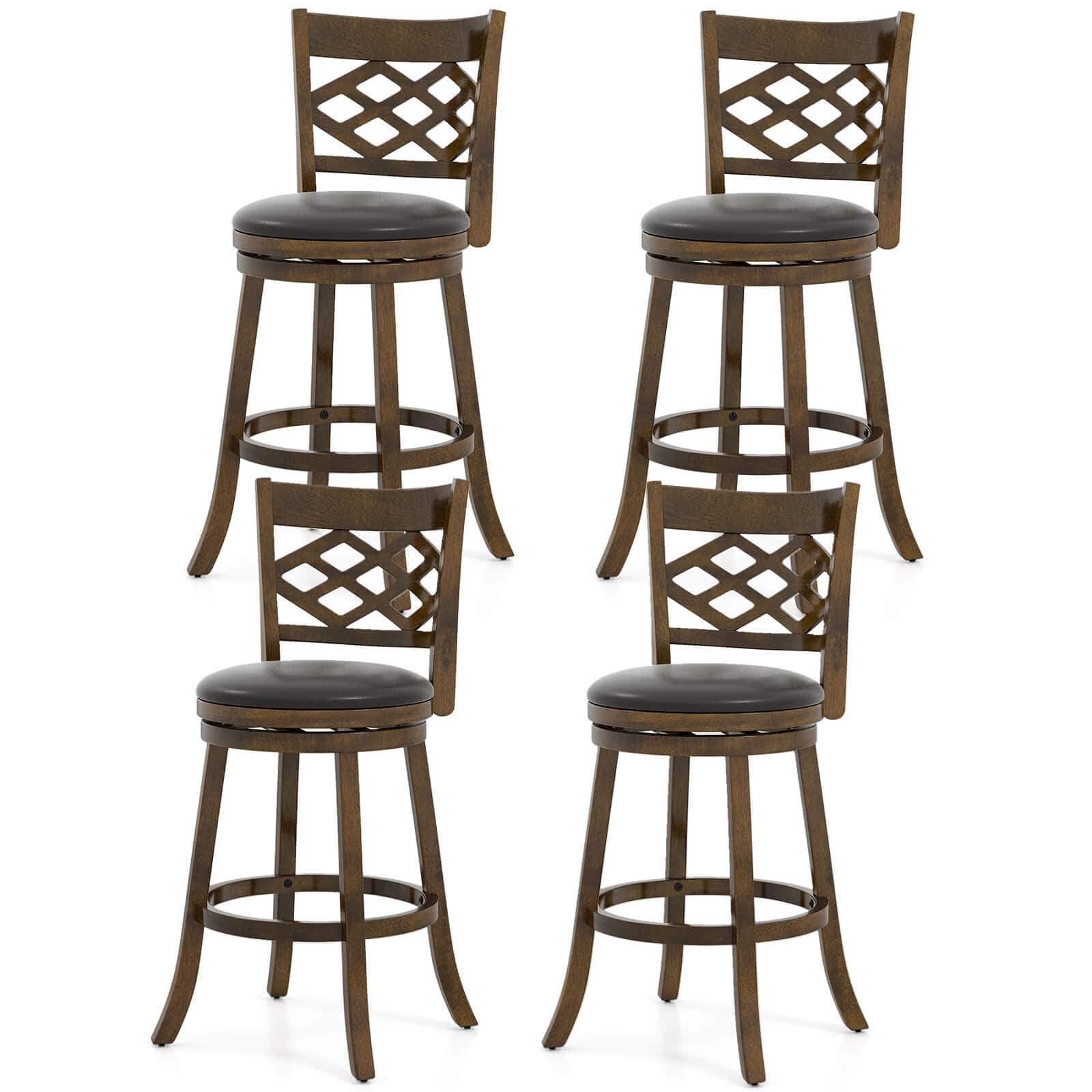 Costway - 31" Bar Height Stools Set of 4 with Rubber Wood Frame, Upholstered Seat & Footrest - Brown