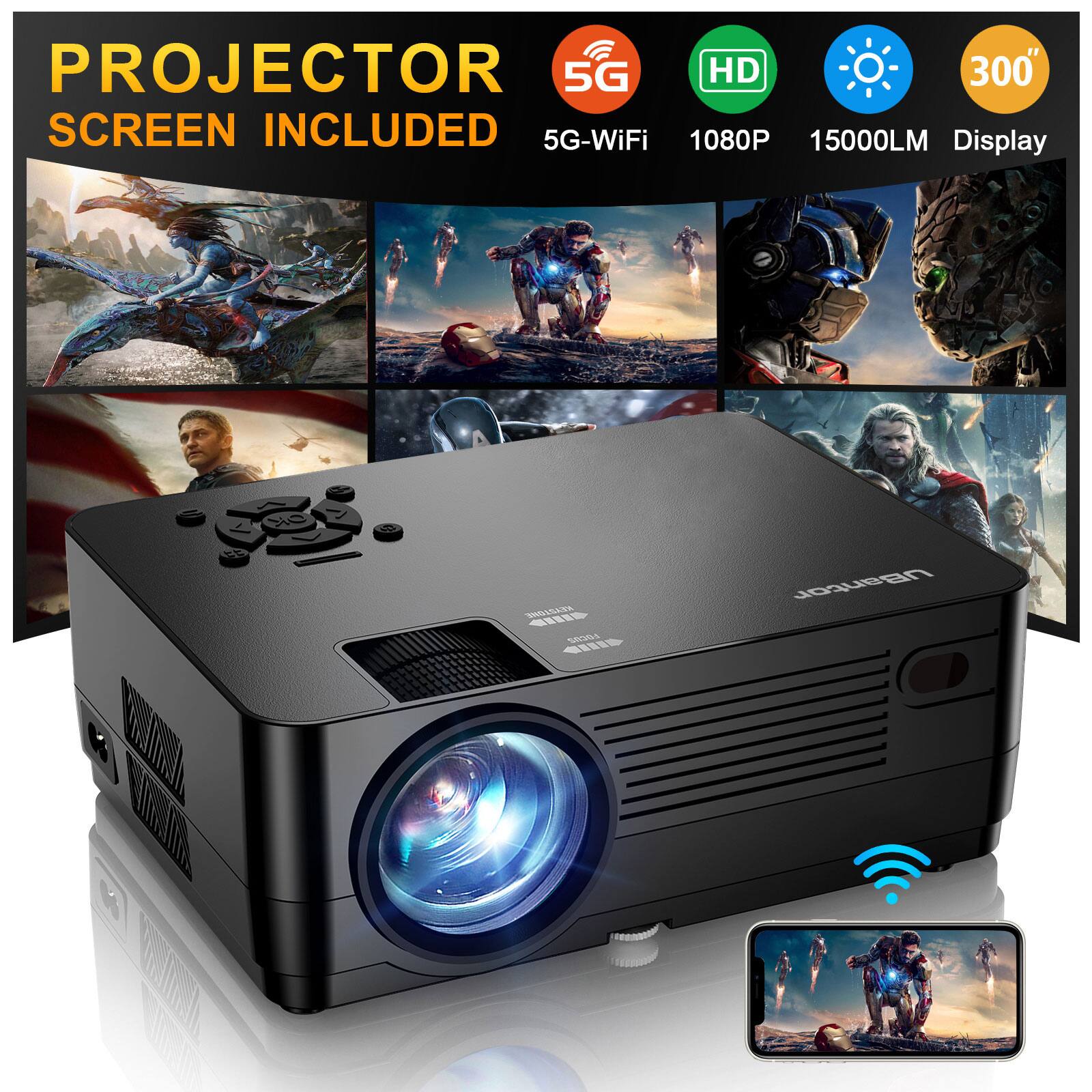 PROJECTOR  
SCREEN INCLUDED  

5G-WiFi  
1080P  
15000LM  
300" Display  

5G  
HD  
300"