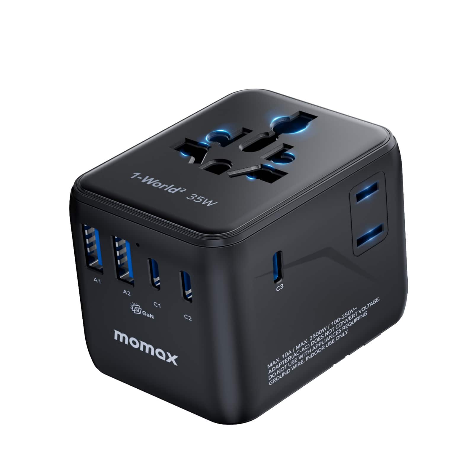 Momax - 7-in-1 Universal Travel Adapter, 3 USB-C PD & 2 USB-A QC, 2AC, All-in-one International Power Adapter - Black