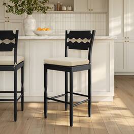 Jax Oak Wood Bar Stool With Wavy Razor Back and Cushion by Modway - Black Linen