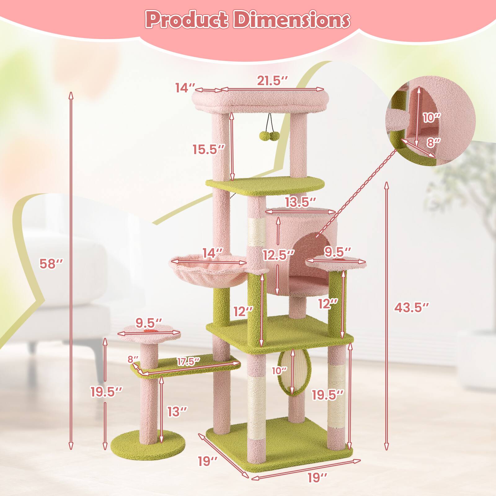 Product Dimensions

- Height: 58"
- Width: 21.5"
- Depth: 19"
- Top Platform: 14" x 10"
- Second Level: 15.5" x 13.5"
- Third Level: 14" x 12.5"
- Fourth Level: 12" x 9.5"
- Bottom Platform: 19.5" x 19"
- Side Platform: 12" x 9.5"
- Vertical Post: 19.5" x 13"
- Horizontal Bar: 17.5" x 8"
- Inclined Tunnel: 10" x 8"
- Overall Width: 43.5"