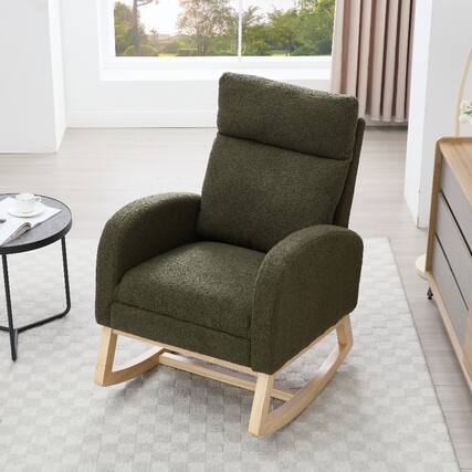Front. Loheer - Loheer Green Teddy Fabric Nursery Rocking Chair with Adjustable Footstool Solid Wood Base Leisure Rocker - Green.