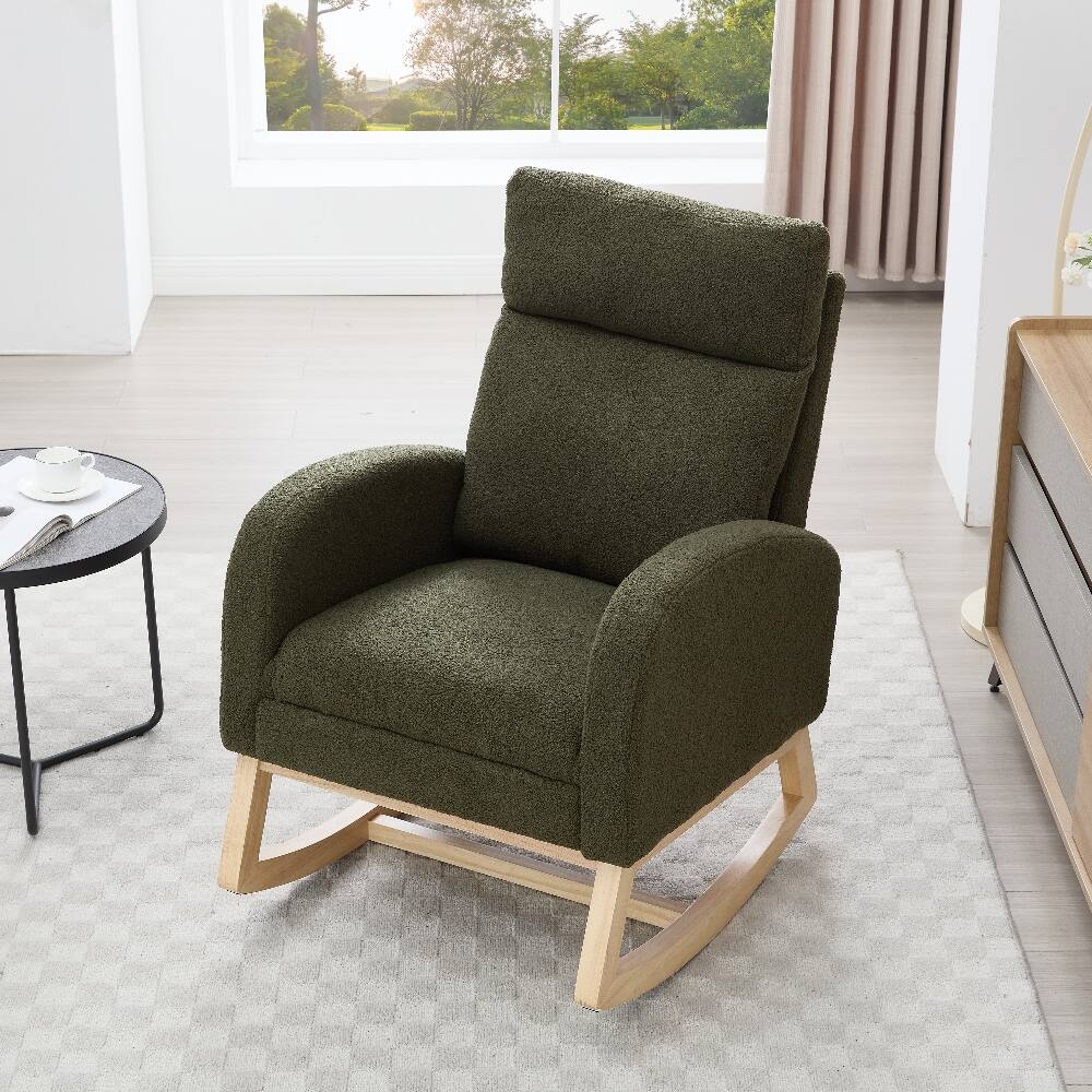 Front. Loheer - Loheer Green Teddy Fabric Nursery Rocking Chair with Adjustable Footstool Solid Wood Base Leisure Rocker - Green.