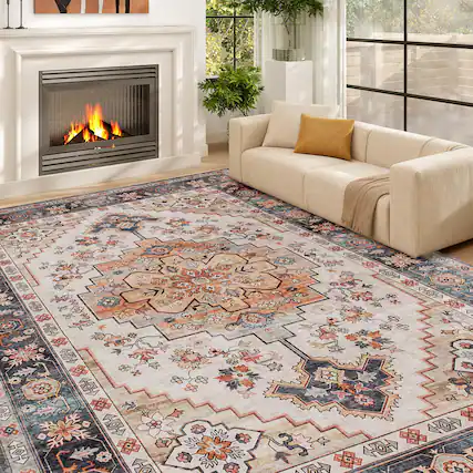Front. Homcom - Rug 8x10, Machine Washable Rug, Non-Slip Boho Print Pattern Medallion Carpet for Living Room, Bedroom - Tawny brown.