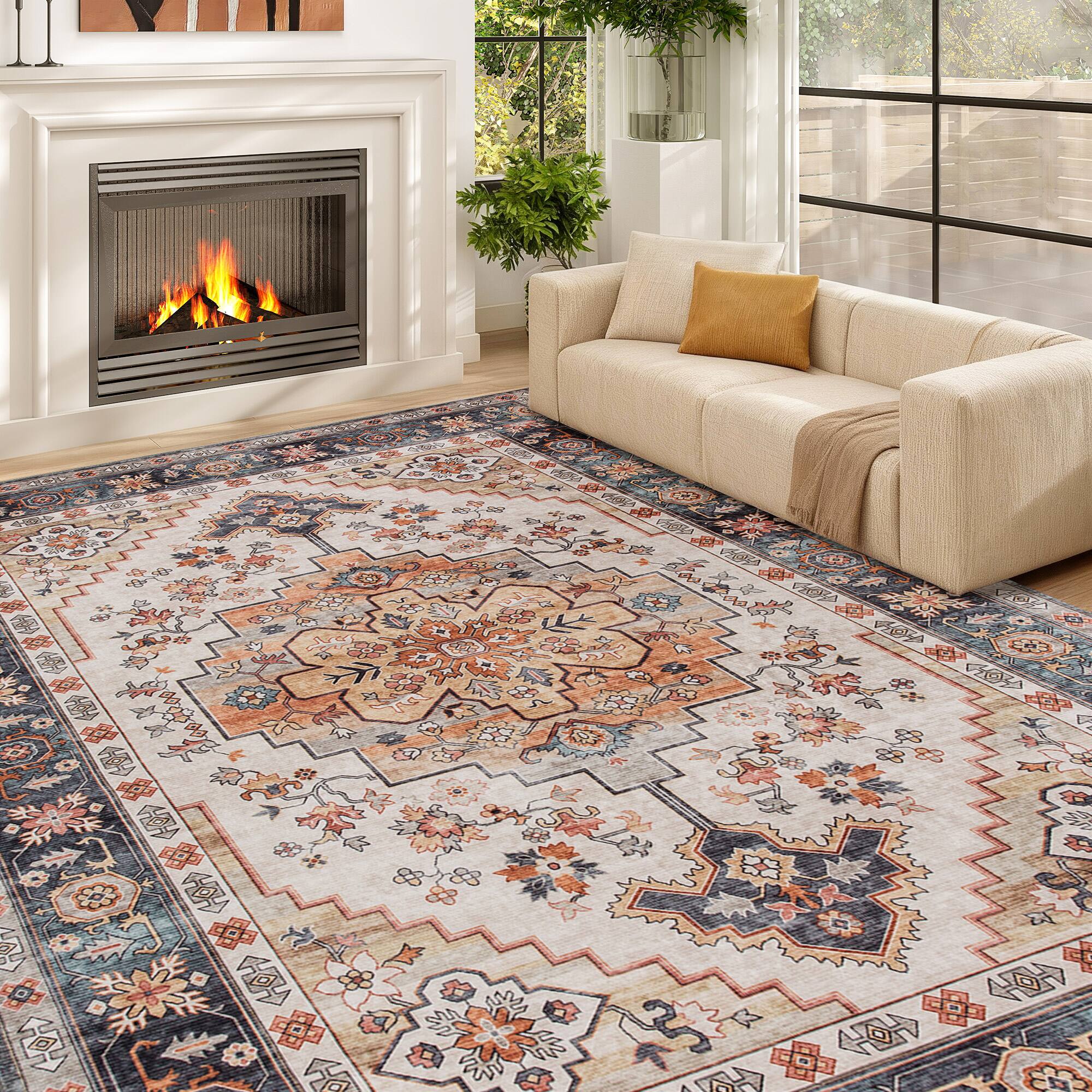 Front. Homcom - Rug 4x6, Machine Washable Rug, Non-Slip Boho Print Pattern Medallion Carpet for Living Room, Bedroom - Tawny brown.