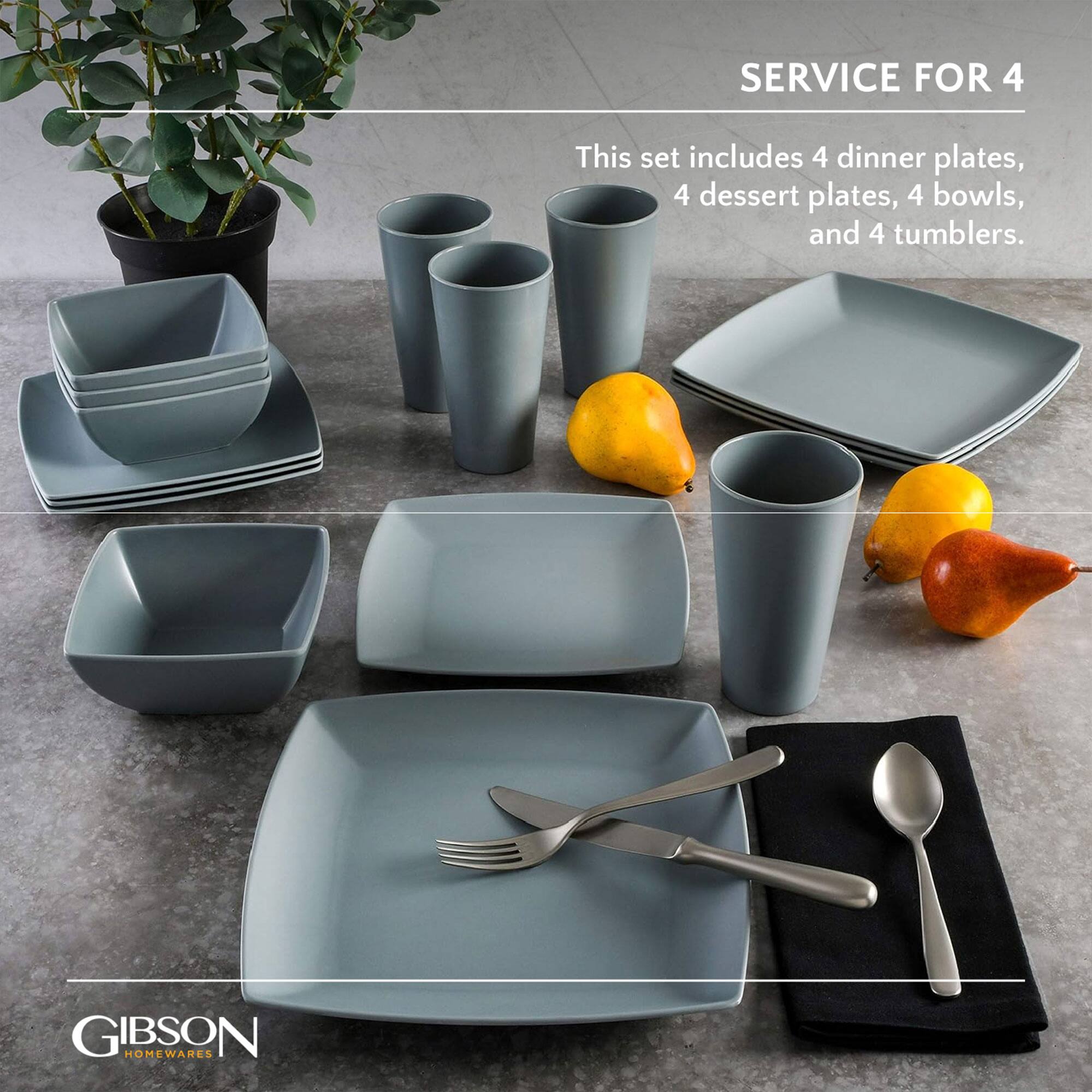 SERVICE FOR 4

This set includes 4 dinner plates, 4 dessert plates, 4 bowls, and 4 tumblers.

GIBSON HOMEWARES