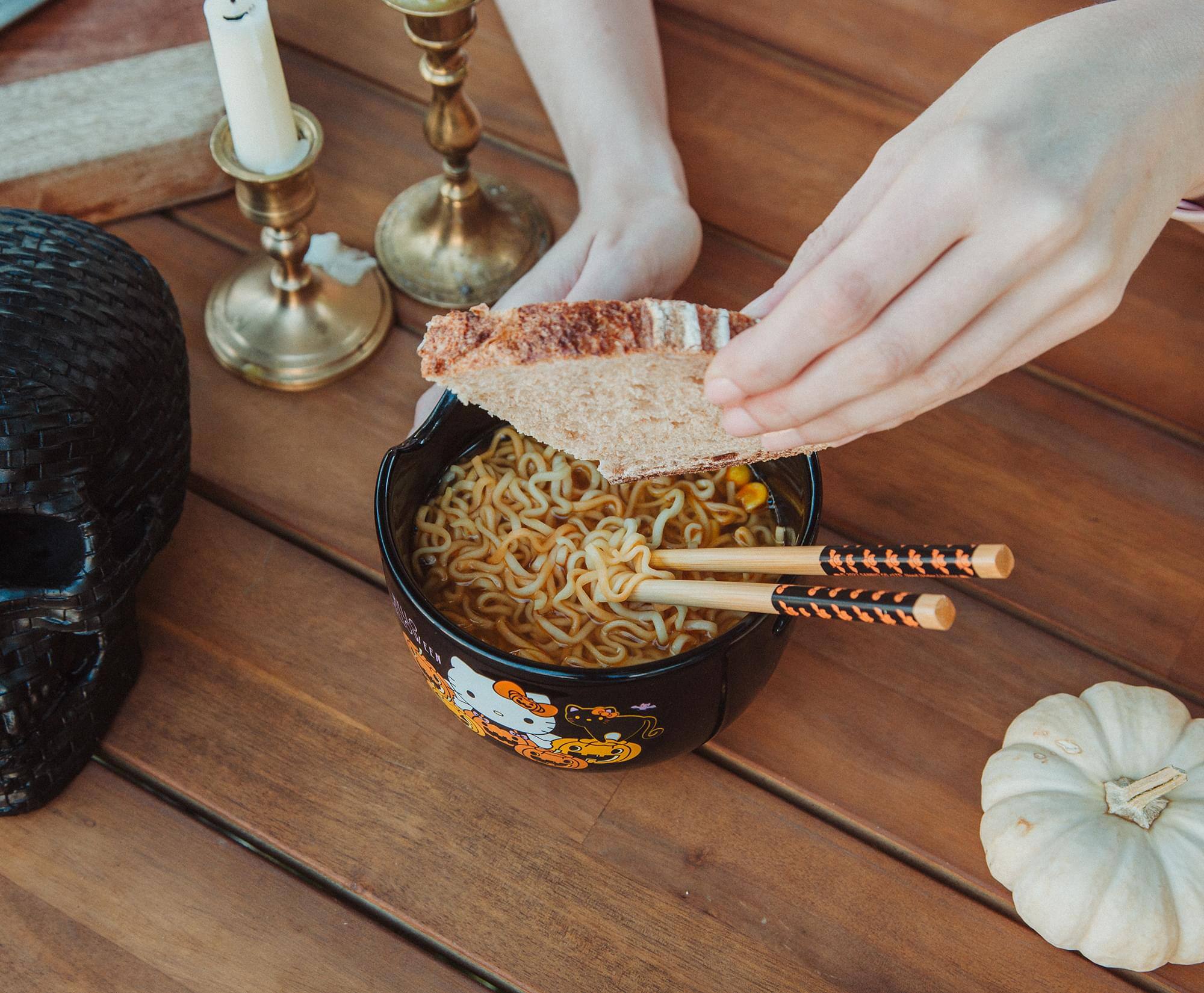 Alt View 4. Silver Buffalo - Sanrio Hello Kitty Pumpkins 20-Ounce Ramen Bowl and Chopstick Set - Black.