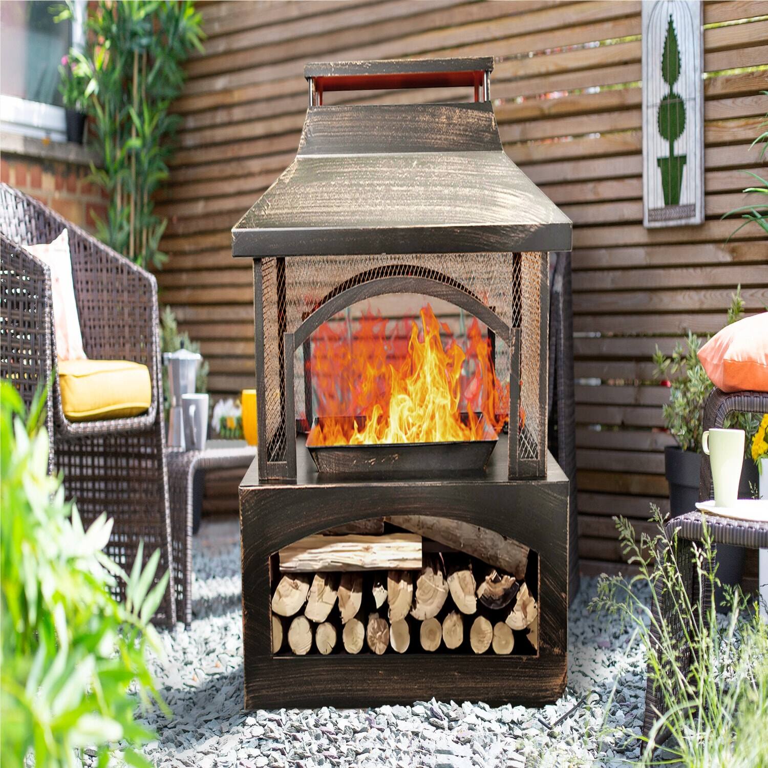 Front. Lirago - 37 Inch Bronze Rectangular Steel Wood Burning Fire Pit with Log Storage Outdoor Fireplace for Patio Backyard - Brown.