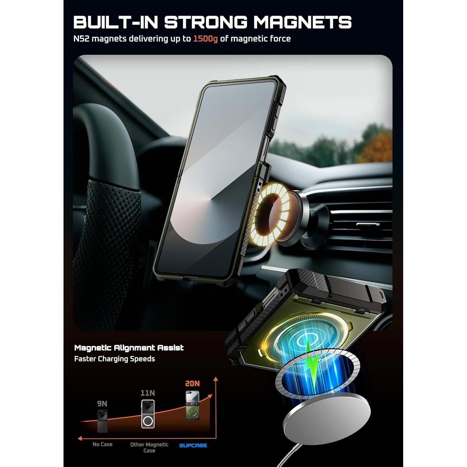 BUILT-IN STRONG MAGNETS
N52 magnets delivering up to 1500g of magnetic force
Magnetic Alignment Assist
Faster Charging Speeds
9N 11N 20N
No Case
Other Magnetic
SUPCASE