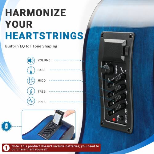 HARMONIZE YOUR HEARTSTRINGS  
Built-in EQ for Tone Shaping

VOLUME  
BASS  
MIDD  
TREB  
PRES  

Note: This product doesn't include batteries; you need to purchase them yourself

VOLUME BOOST MIN HD  
TAKE HD  
PRES HD  
CHECK EQ-7545R