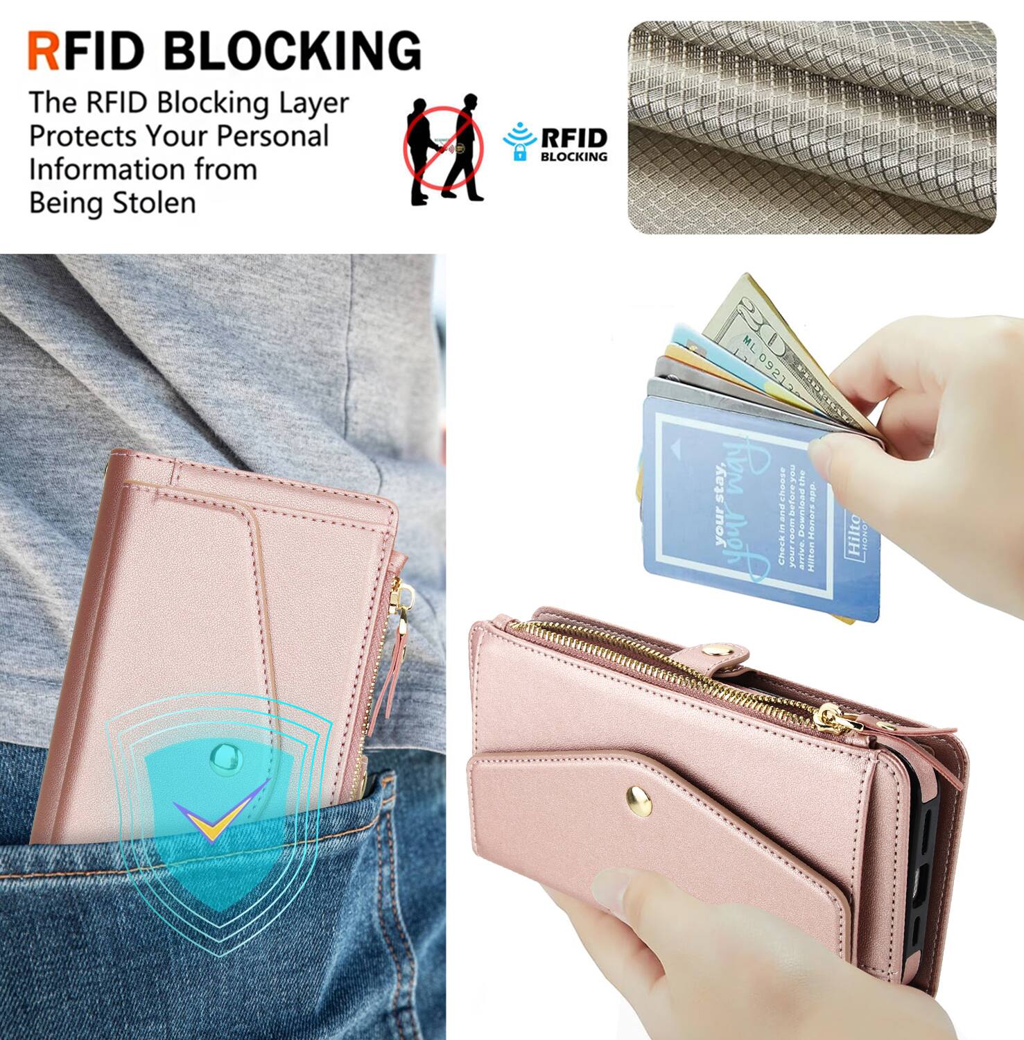 RFID BLOCKING  
The RFID Blocking Layer Protects Your Personal Information from Being Stolen  

RFID BLOCKING 20 ML 09212  

Stay.  
Check in before you arrive.  
The Hilton Honors App.  
Hilton Honors  
Check in.  
Stay.  
Enjoy.  

RFID BLOCKING