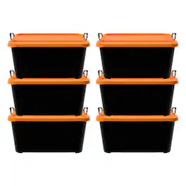 Life Story - 55 Quart Stackable Storage Bin, Heavy Duty Lidded Container, 6 Pack - Black/Orange