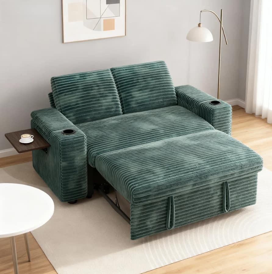 Dyonery - 65" Corduroy 3-in-1 Convertible Sofa Bed with Reclining Backrest|USB Ports|Cup Holders|Side Table|Storage Armrests - Green