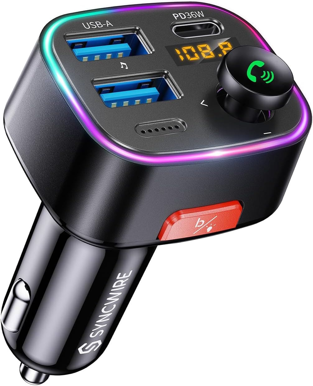 Syncwire - Bluetooth 5.4 FM Transmitter Car Adapter 48W (PD 36W & 12W) with Light Switch, Hi-Fi Deep Bass, LED Display - Black