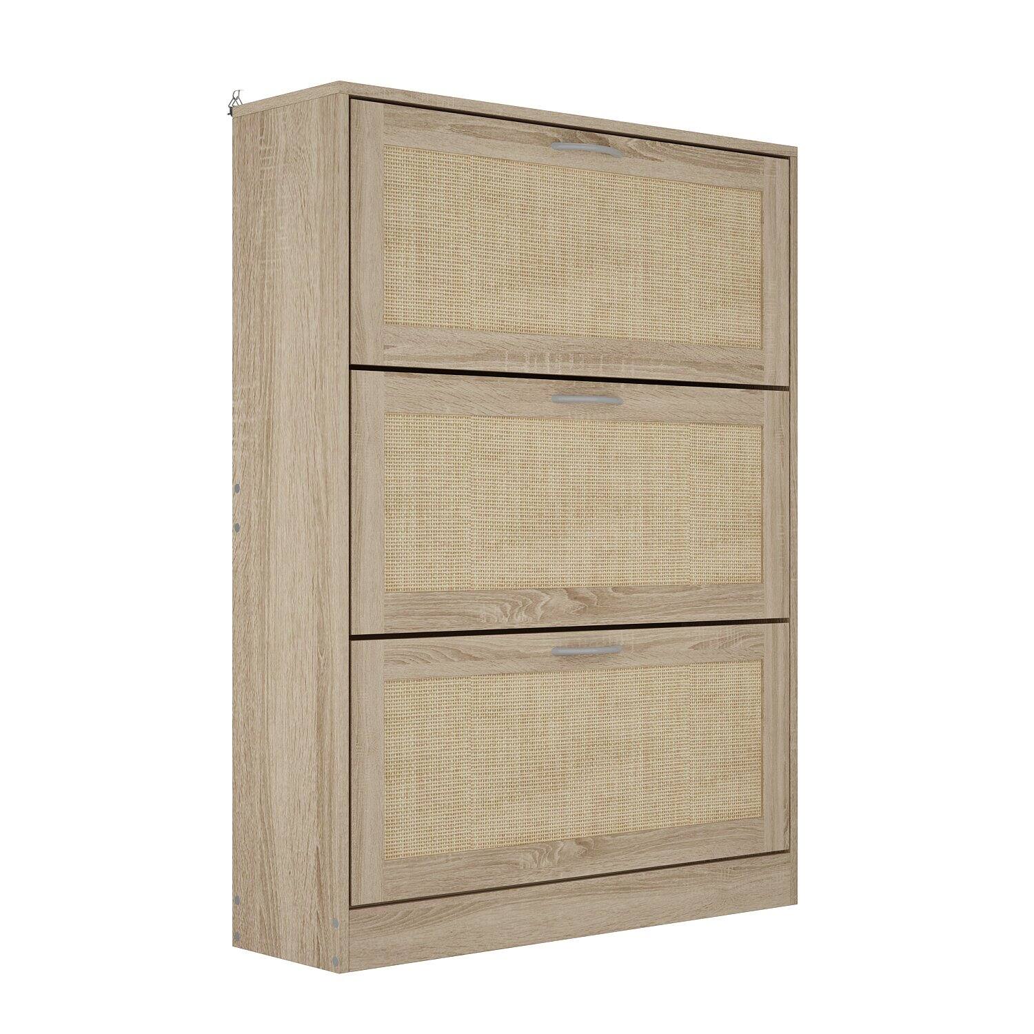 Left. Famapy - Famapy 3 - Tier Rattan - Front Flip - Down Shoe Cabinet with Adjustable Shelves - Wooden.