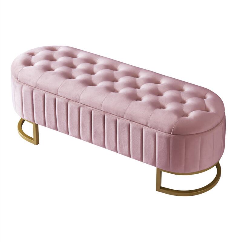 Front. HTUTWOO - Velvet Storage Ottoman Bench for Bedroom Room - Button-Tufted Upholstered Bench with Metal Legs, Assembled Except Legs - Pink.