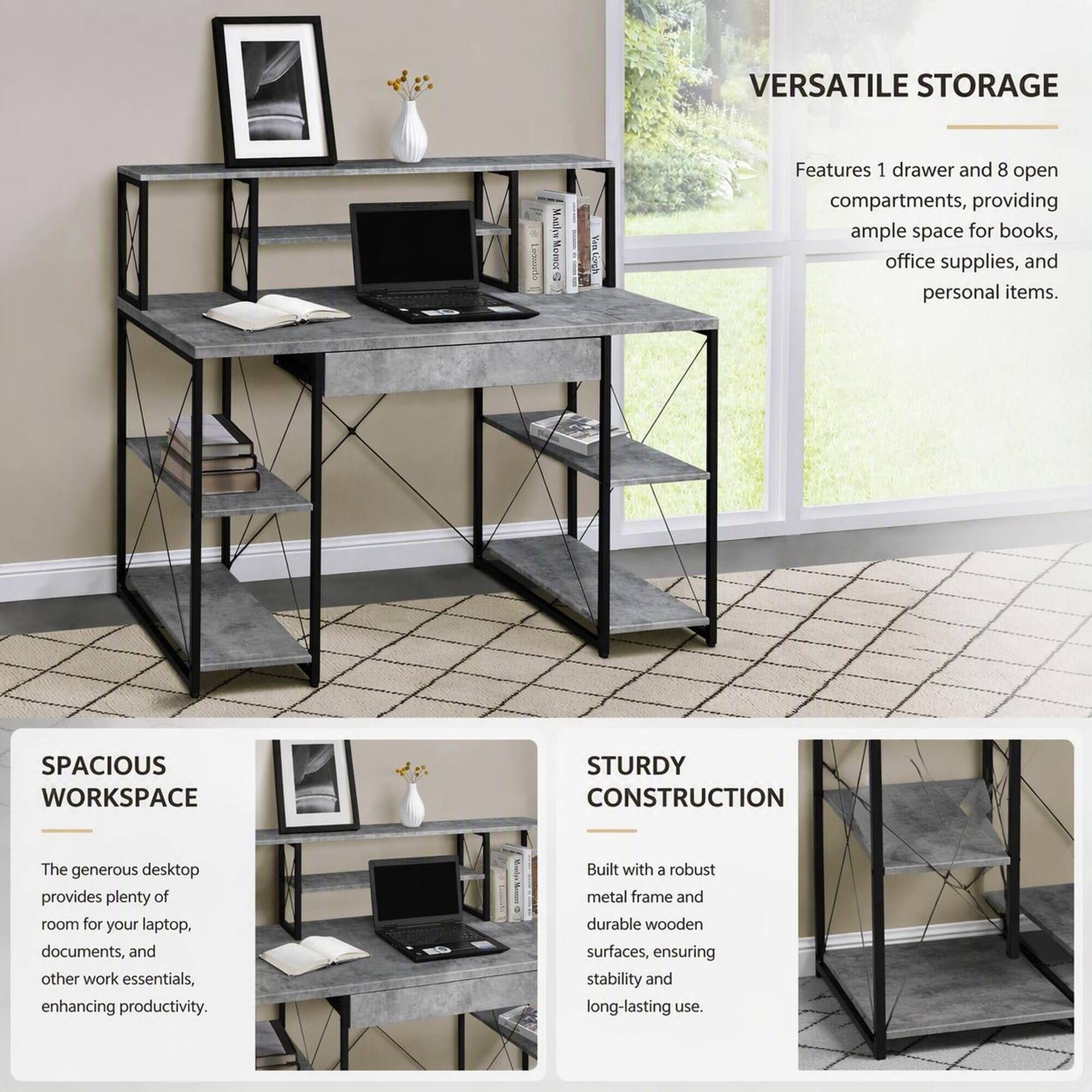 RYHNUYNE Grey and Black Office Desk, Open Shelves, Hutch, 1 Drawer, 8 ...