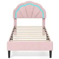 Costway Twin Size Upholstered LED Bed Frame Soft Velvet Platform Bed with Flower Headboard - Pink - Front_Zoom