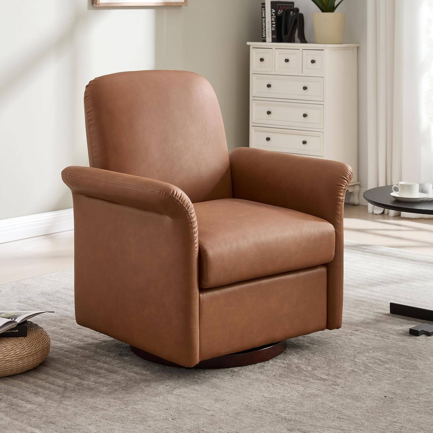 Trinkets Crazed - Swivel Accent Chair Modern Barrel Armchair with Wood Base for Bedroom - Brown