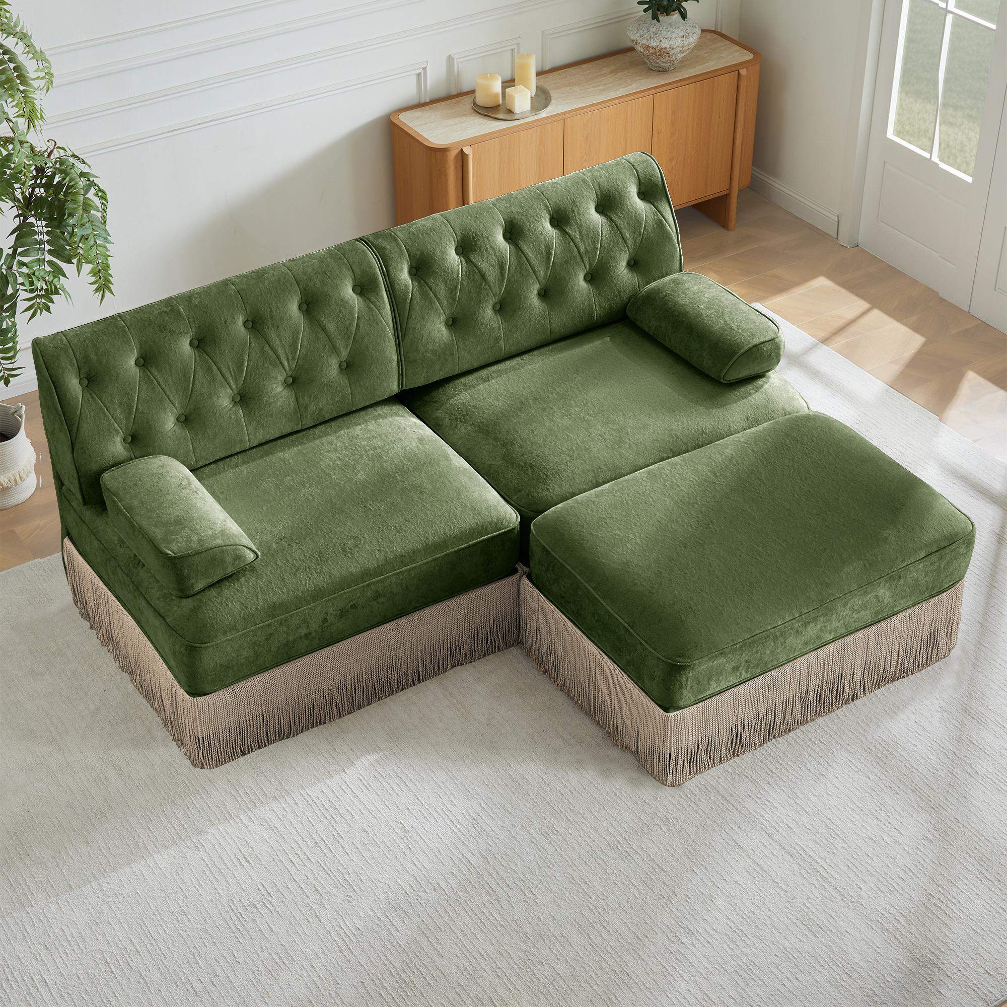 Angle. Roomtec - LShaped Breathable Comfort Velvet FabricTassel Skirt Chesterfield Sofa Free CombinationSlightly Curved Square - Green.