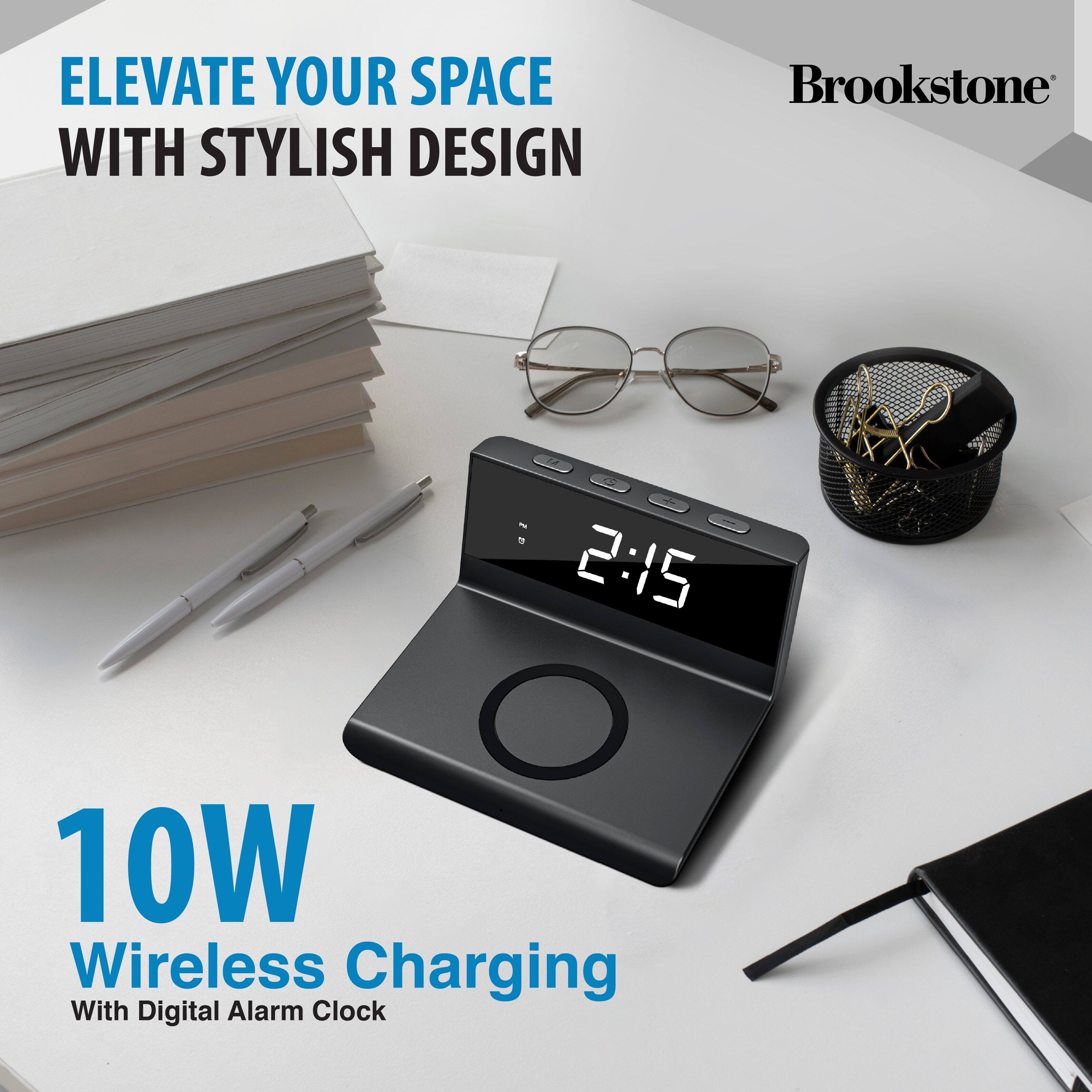 Brookstone, Elevate your space with stylish design, 10W wireless charging with digital alarm clock, 2:15