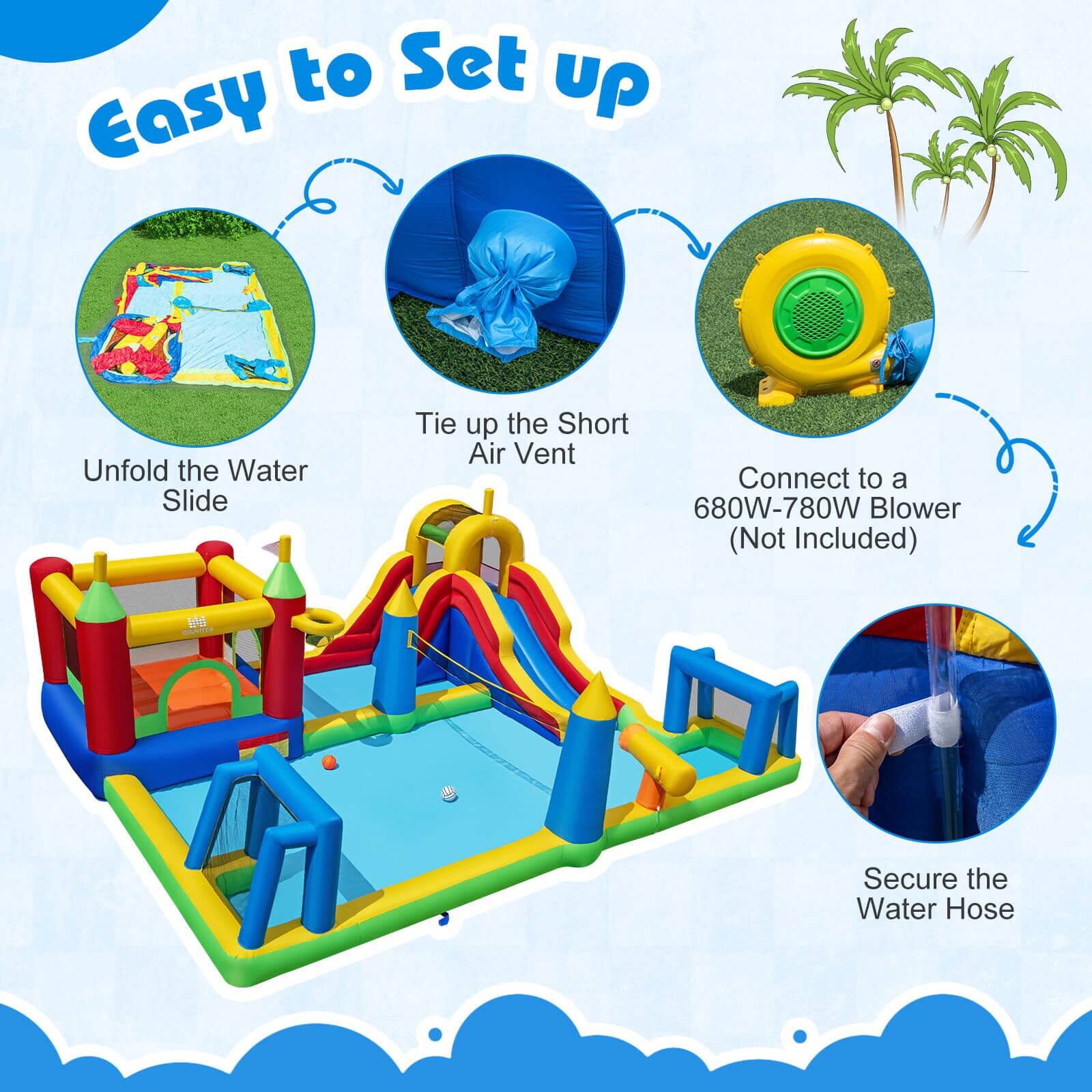 Easy to Set up

1. Unfold the Water Slide
2. Tie up the Short Air Vent
3. Connect to a 680W-780W Blower (Not Included)
4. Secure the Water Hose