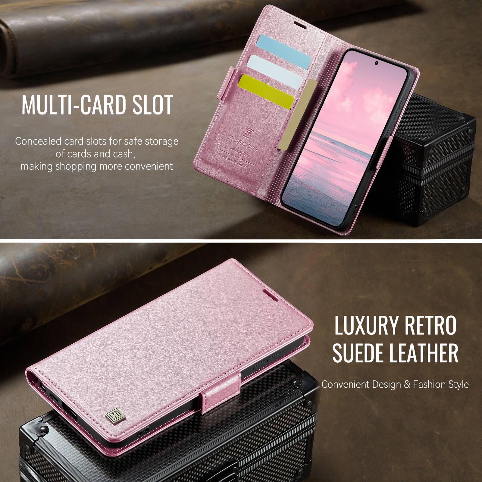MULTI-CARD SLOT  
Concealed card slots for safe storage of cards and cash, making shopping more convenient  

LUXURY RETRO SUEDE LEATHER  
Convenient Design & Fashion Style