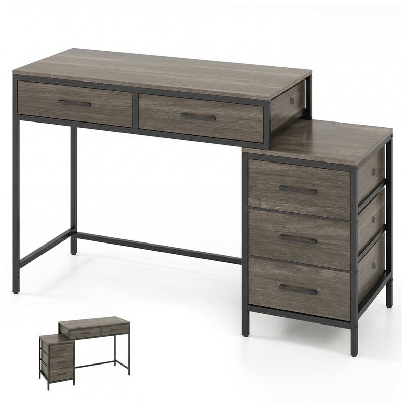 Alt View 5. WELLFOR - 51" Industrial Computer Desk with 5 Drawers & Printer Stand, Home Office Desk Study Desk - Oak.