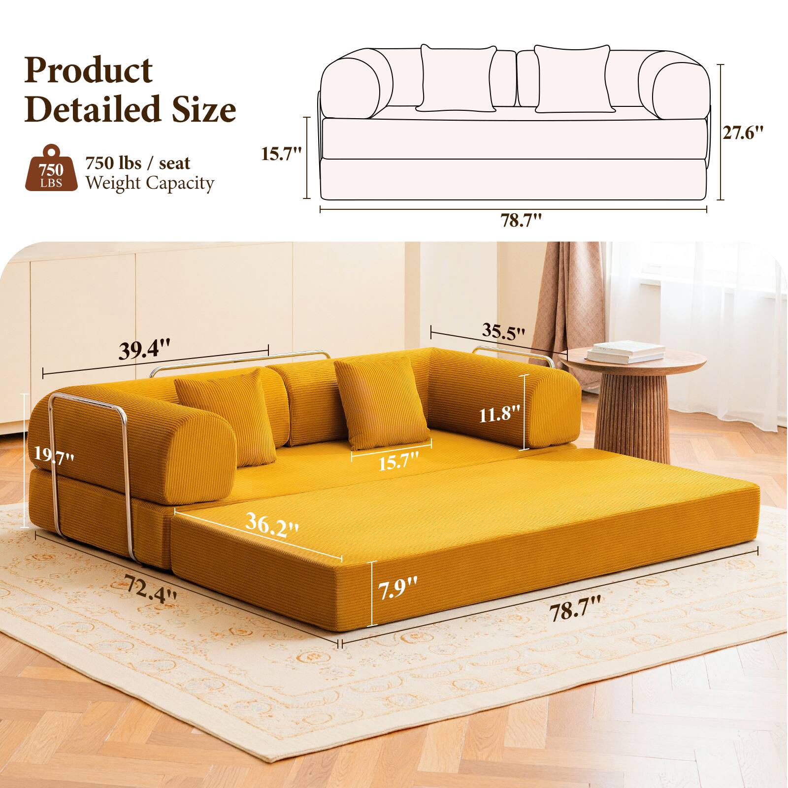 Product Detailed Size: 15.7" x 27.6" x 78.7" x 39.4" x 35.5" x 19.7" x 15.7" x 11.8" x 72.4" x 36.2" x 7.9" x 78.7"

Weight Capacity: 750 lbs / seat