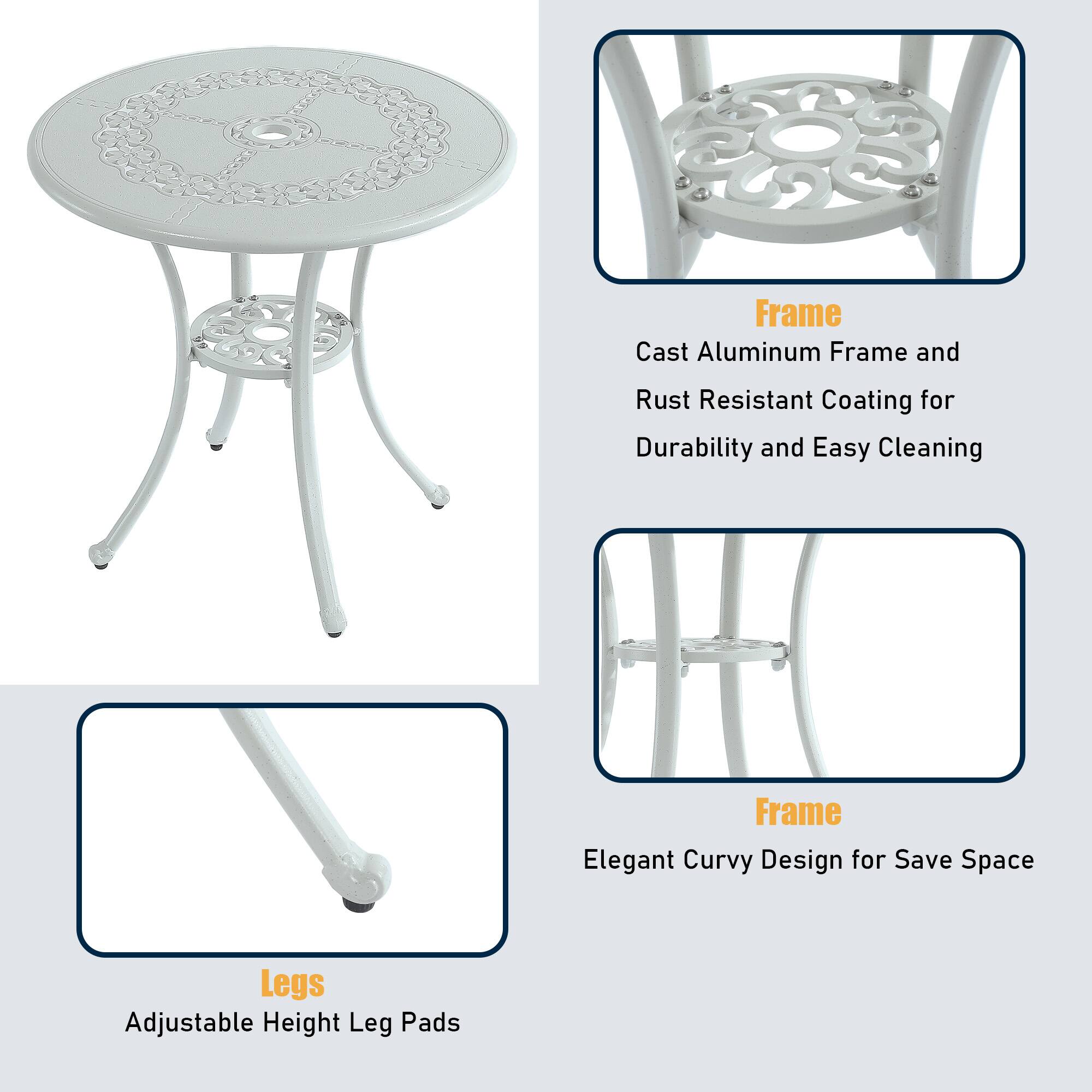 - Frame: Cast Aluminum Frame and Rust Resistant Coating for Durability and Easy Cleaning
- Frame: Elegant Curvy Design for Save Space
- Legs: Adjustable Height Leg Pads