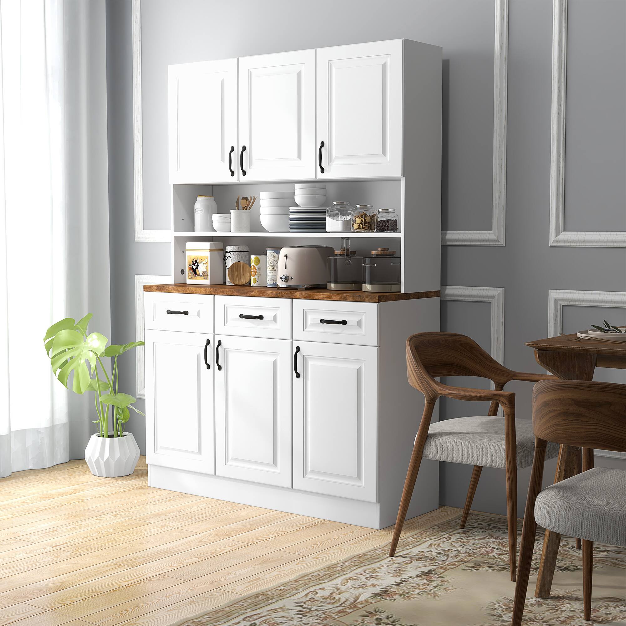 Alt View 1. Homcom - 71" Kitchen Pantry, Freestanding Buffet with Hutch, Farmhouse Storage Cabinet, Microwave Cabinet with 3 Drawers, 6 Doors - White.
