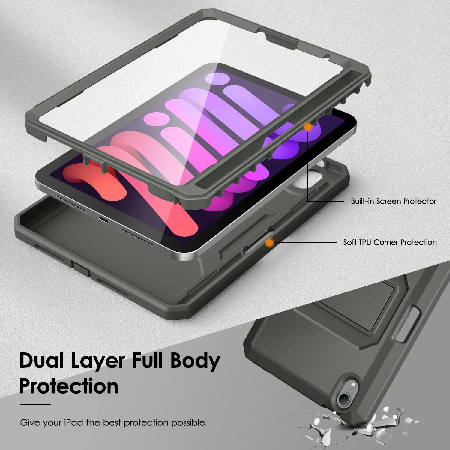 FETTES TETETEY  
Built-in Screen Protector  
Soft TPU Corner Protection  
Dual Layer Full Body Protection  
Give your iPad the best protection possible.