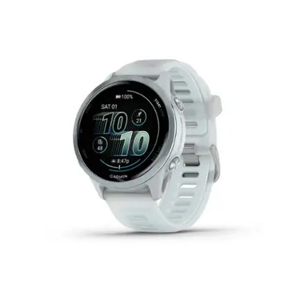 The text on the image reads: "100% LIGHT SAT 01 START-STOP STOP 10 21 an VOz 10 48 DOWN 8:47p BACK-LAP GARMIN." This text is likely related to a Garmin watch, which is designed to track various activities and provide information about the user's progress. The watch may be used for activities such as running, cycling, or swimming, and it could be displaying information about the user's current activity, progress, or goals.