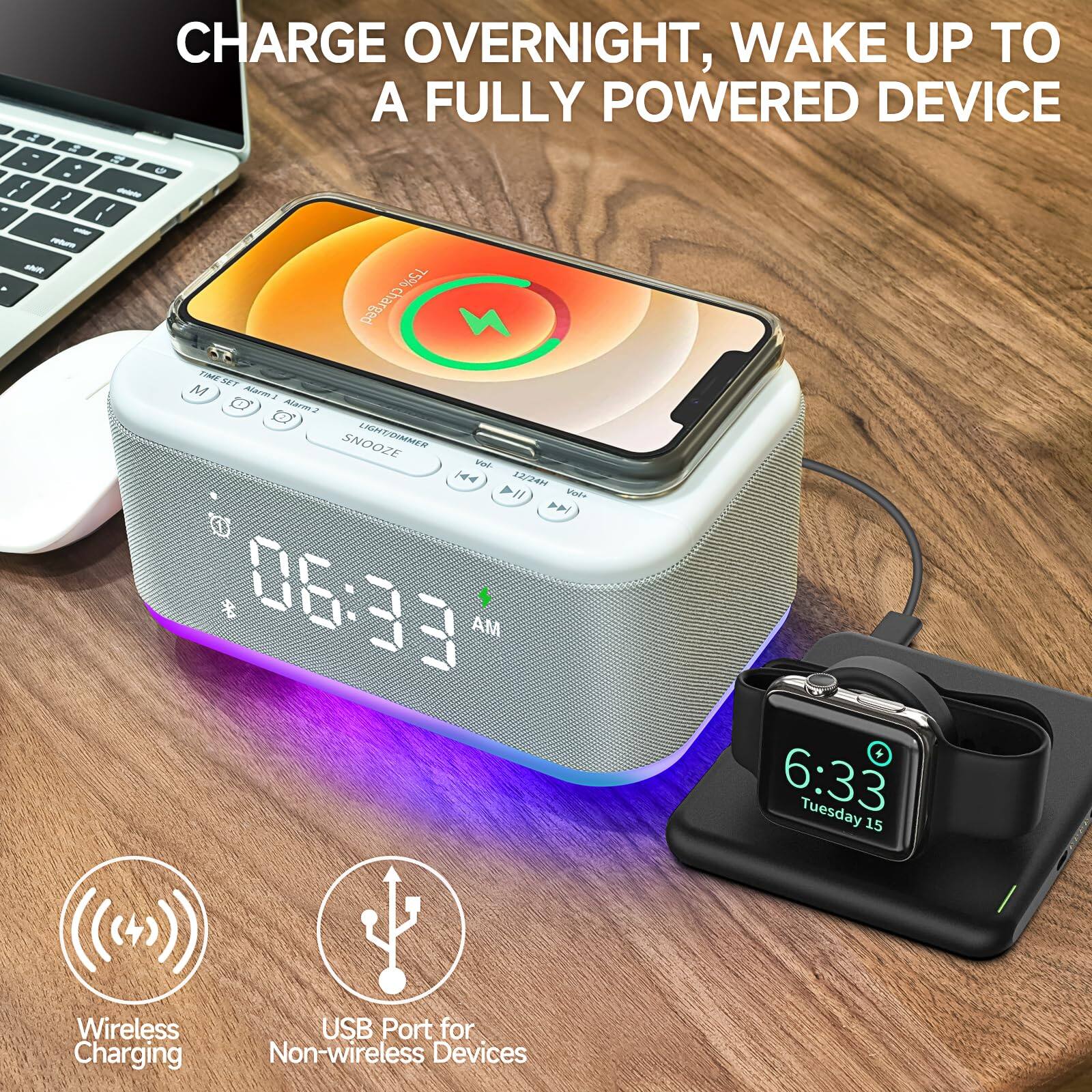 CHARGE OVERNIGHT, WAKE UP TO A FULLY POWERED DEVICE

Wireless Charging
USB Port for Non-wireless Devices