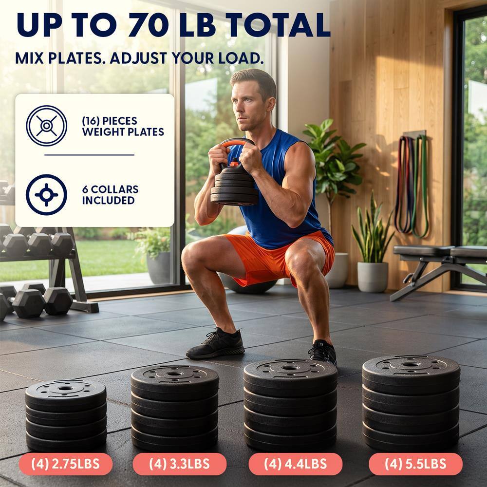 UP TO 70 LB TOTAL MIX PLATES. ADJUST YOUR LOAD.

(16) PIECES WEIGHT PLATES
6 COLLARS INCLUDED
(4) 2.75LBS
(4) 3.3LBS
(4) 4.4LBS
(4) 5.5LBS
